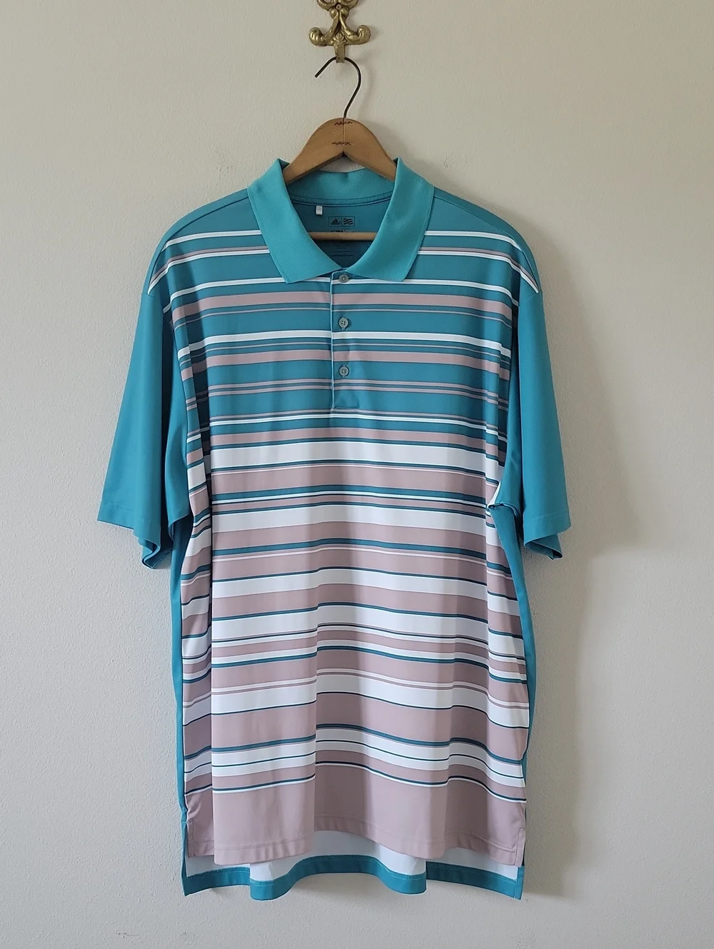 Adidas Mens Teal Tan Stripe Golf Climalite Polo Size 2XL